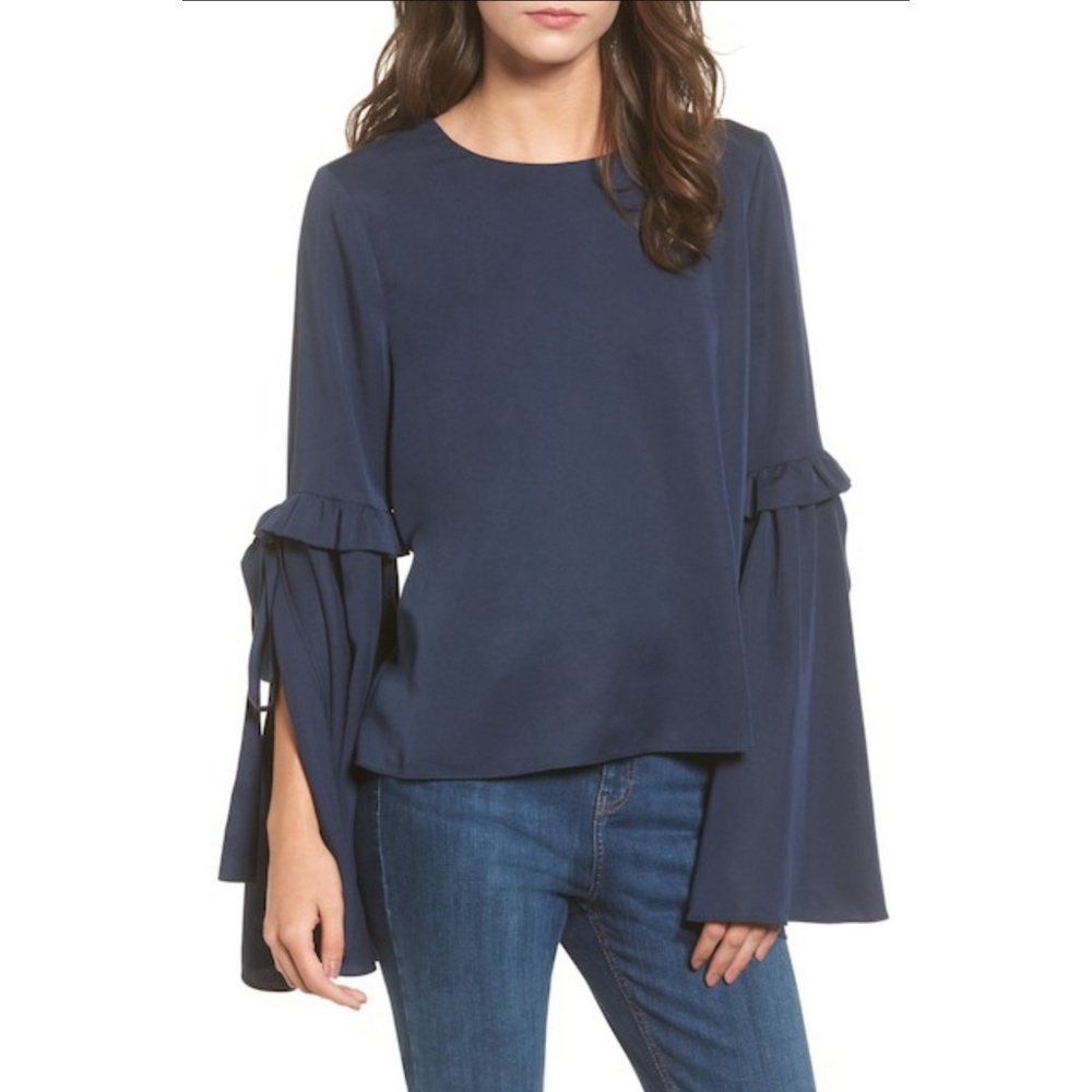 NWT JOA Tie Bell Sleeve Poplin Top Navy Blue Sz S